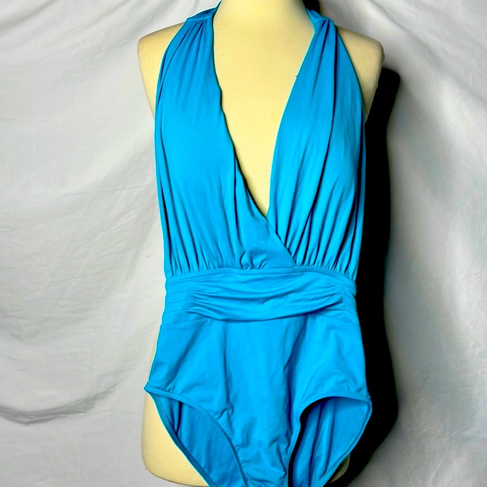 Fabulous Calvin klein teal one piece swimsuit -deep vneck & adjustable tie top S